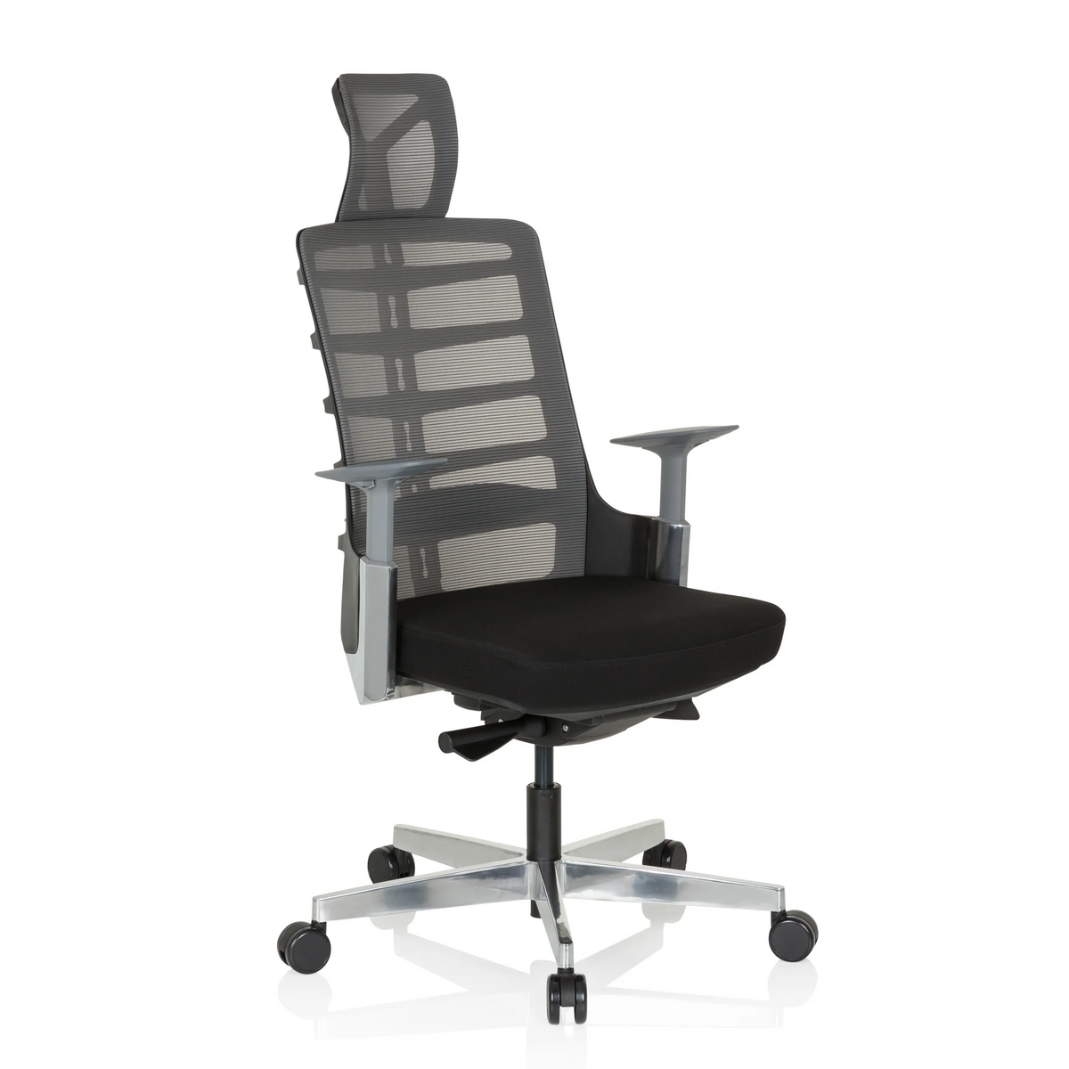 Black-grey High End Office Chair SKARIF with mesh back and five-caster base by hjh OFFICE – 360-degree view (front three-quarter view 40°)