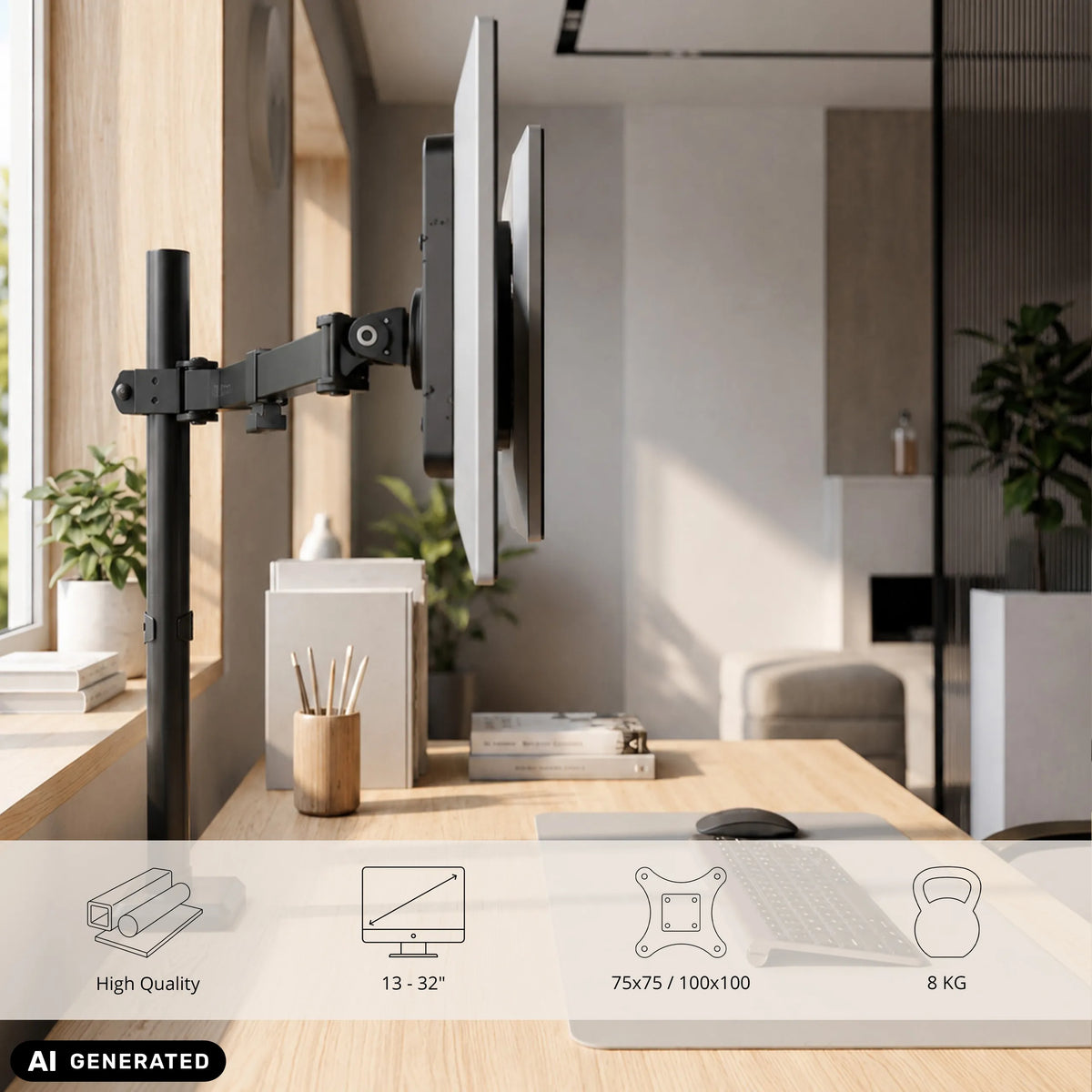 Black Ergomount M2 monitor mount for screens up to 32 inches and 8 kg by hjh OFFICE (AI-generated image)