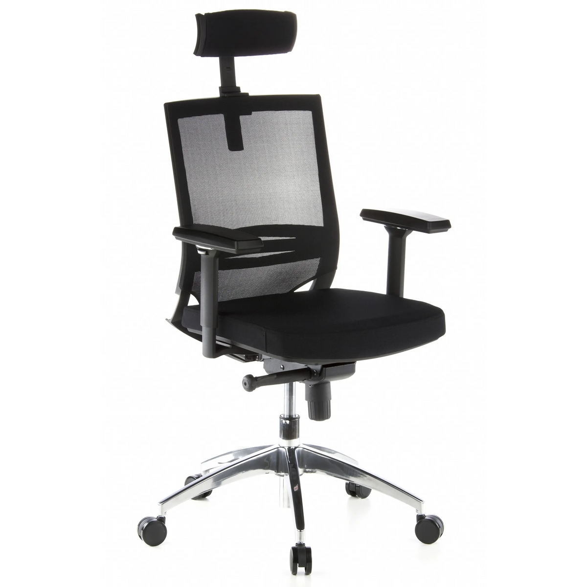 Black Professional Office Chair PORTO MAX with mesh back, headrest and five-caster base by hjh OFFICE – 360-degree view (front three-quarter view 40°)