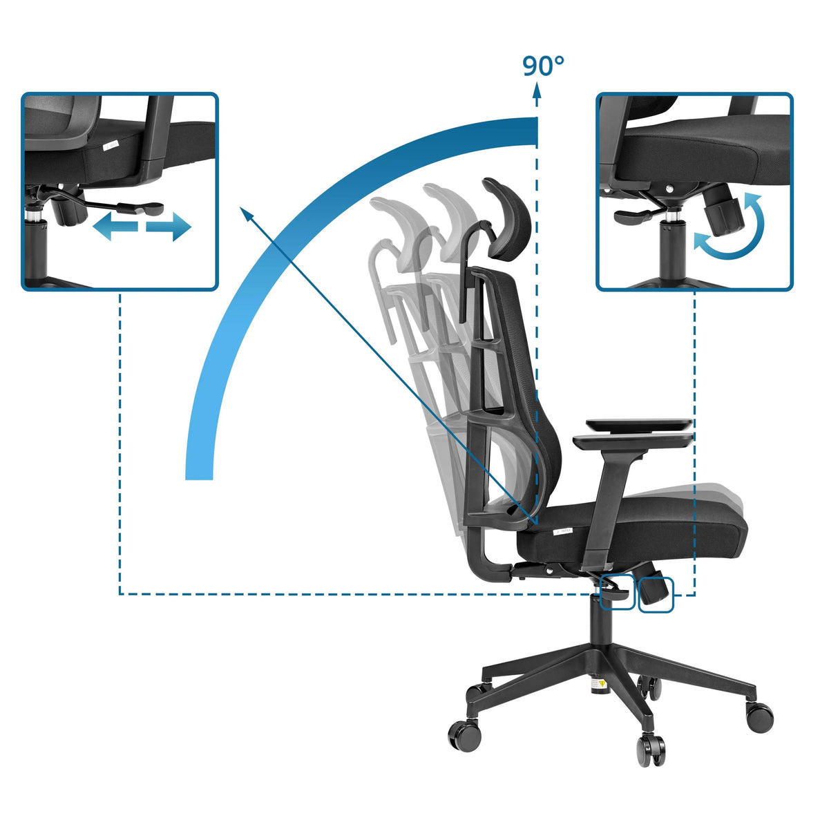 Adjustable backrest with a 90-degree reclining angle of the Professional Office Chair SPINIO PRO by hjh OFFICE