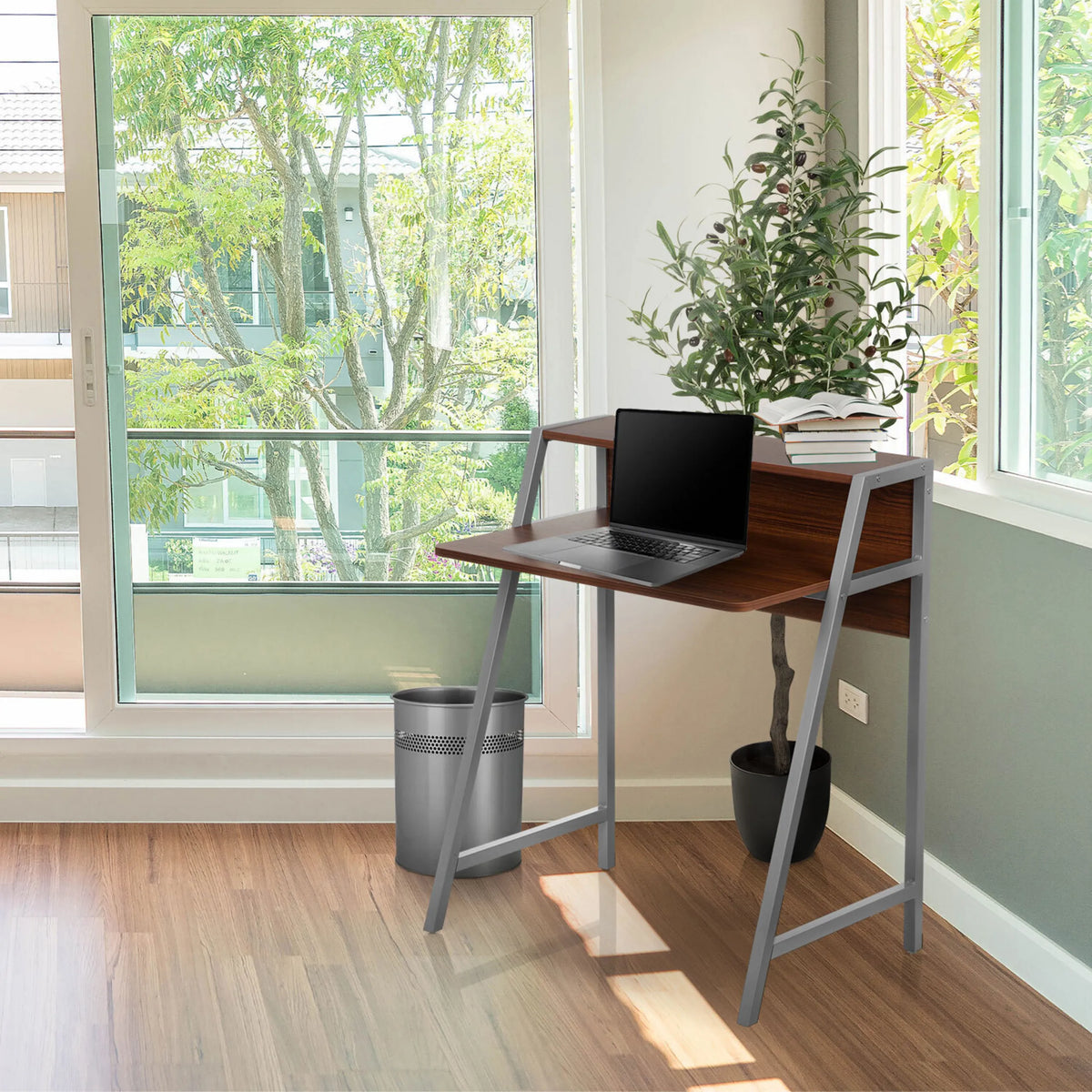 Office Desk DUMONT in walnut with grey metal legs and shelving unit by hjh OFFICE