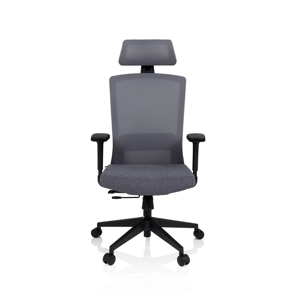 Grey Professional Office Chair CAPTIVO with mesh back, headrest and five-caster base by hjh OFFICE – 360-degree view (front view 0°)