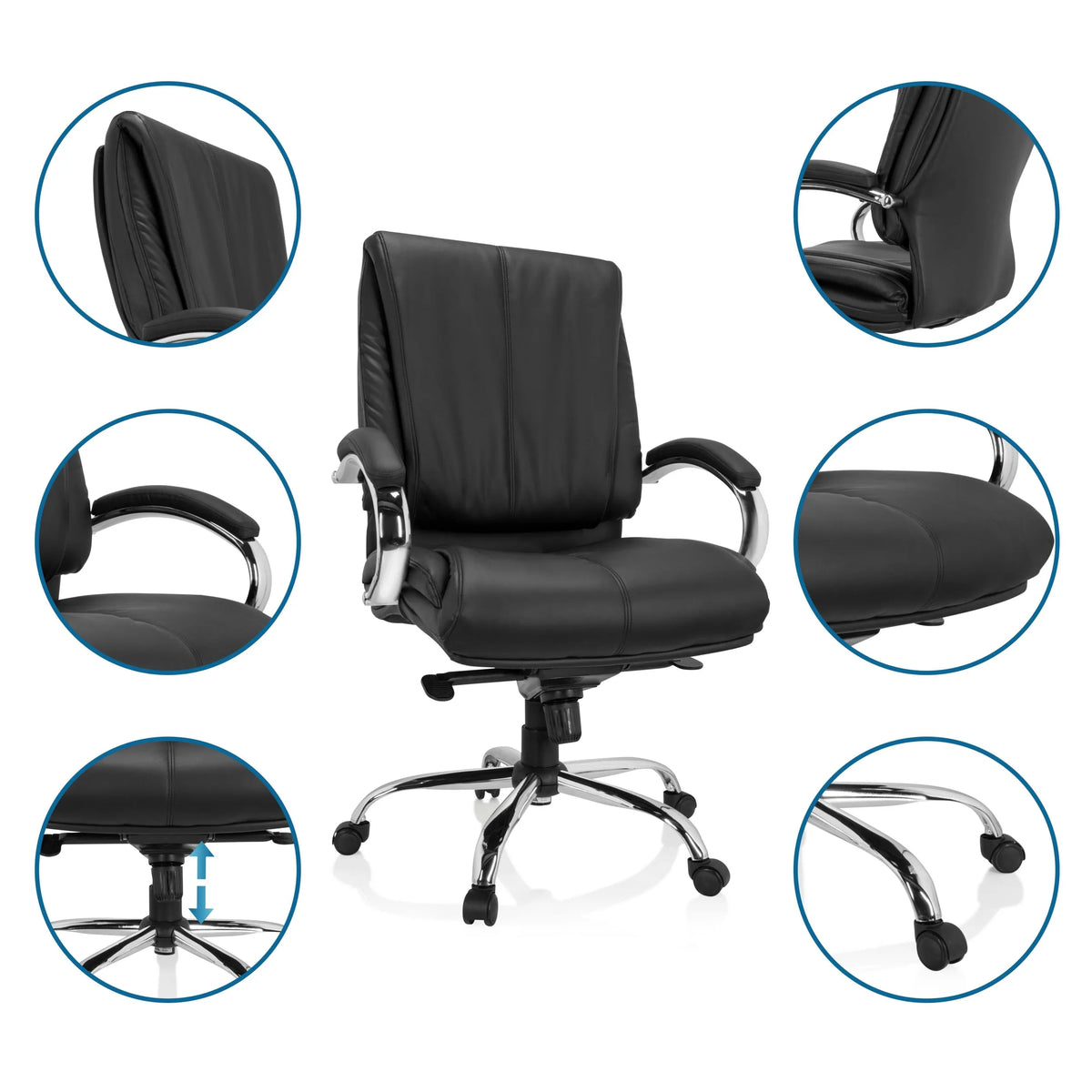 Black XXL H 100 swivel chair made of synthetic leather with various detailed views of the functions by hjh OFFICE