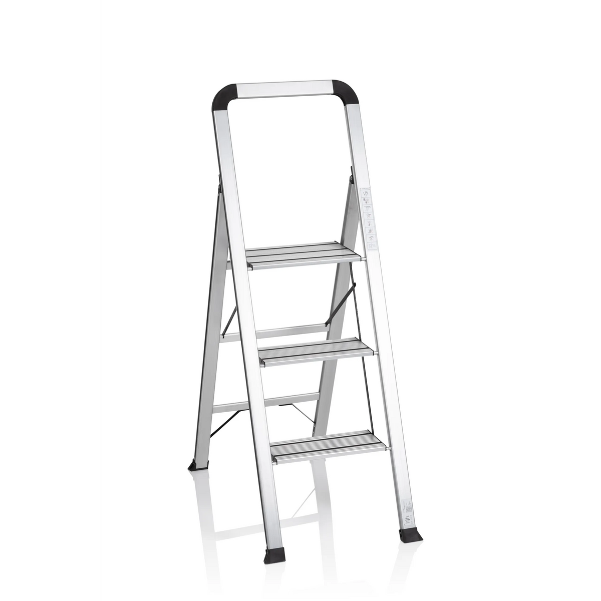 Silver aluminium Folding Ladder SOLID V with three steps and handle by hjh OFFICE – 360-degree view (front view 20°)