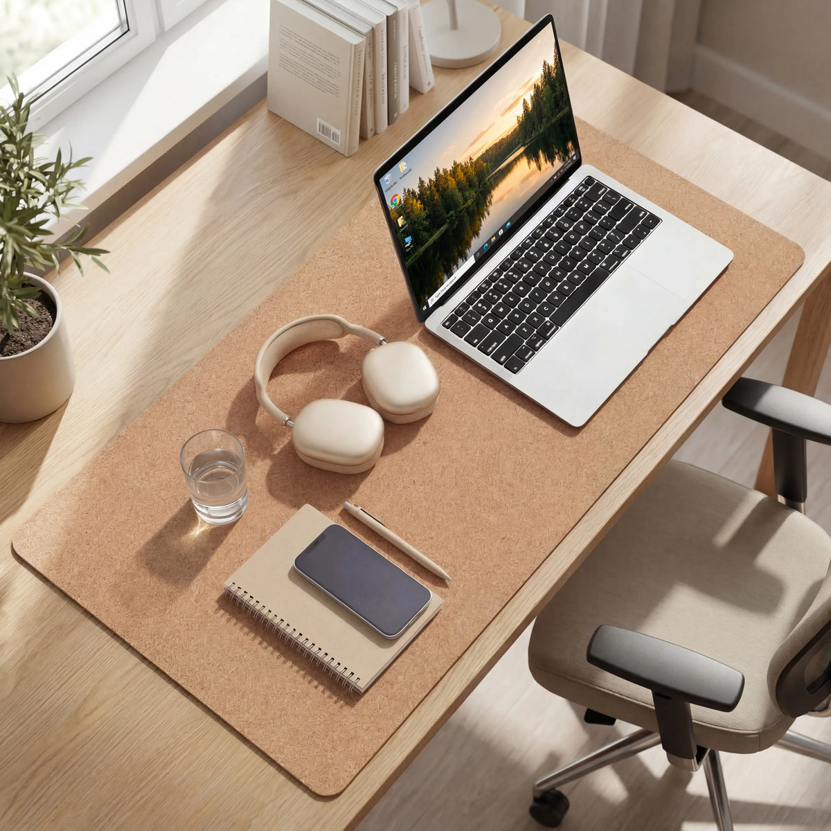 Brown Desk Pad Padflux Terra on a wooden desk with a laptop and accessories by hjh OFFICE