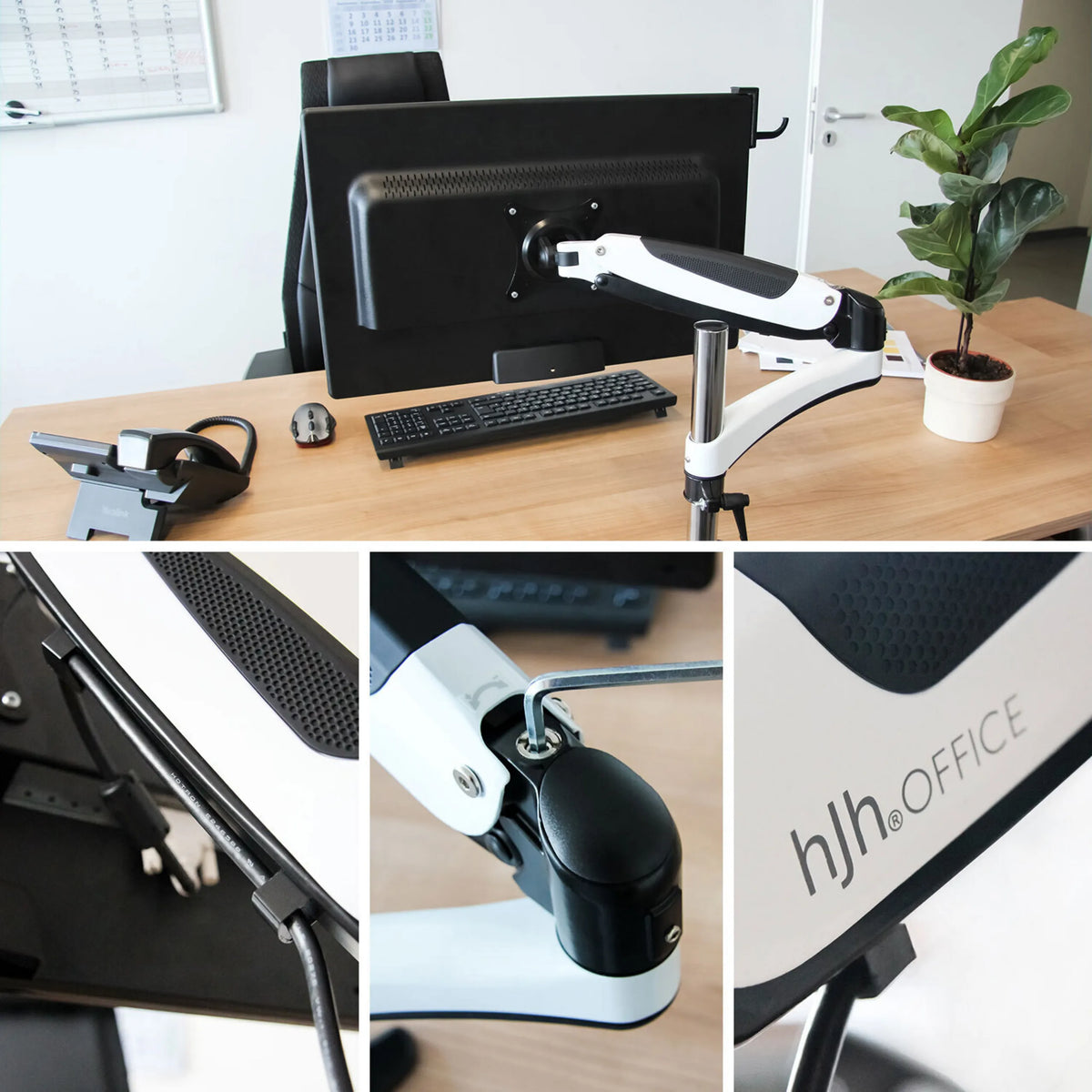 White and black VM-MG1 monitor mount with articulated arm, cable management and company logo by hjh OFFICE