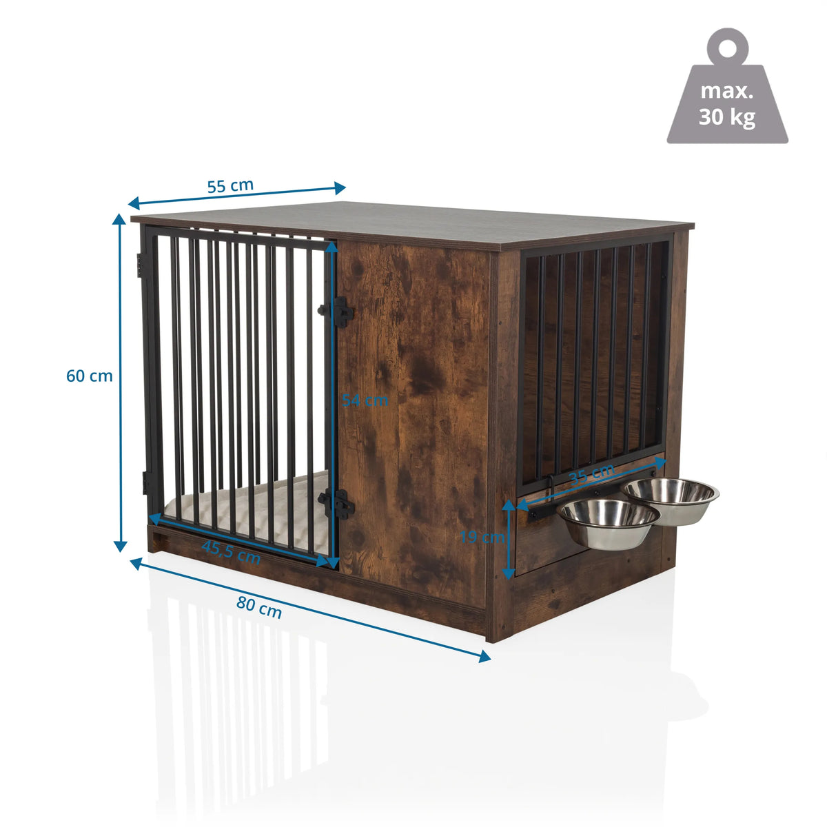 Dimensional drawing of the PAWHOME S dog crate in brown, 80 × 55 cm with two feeding bowls by hjh LIVING