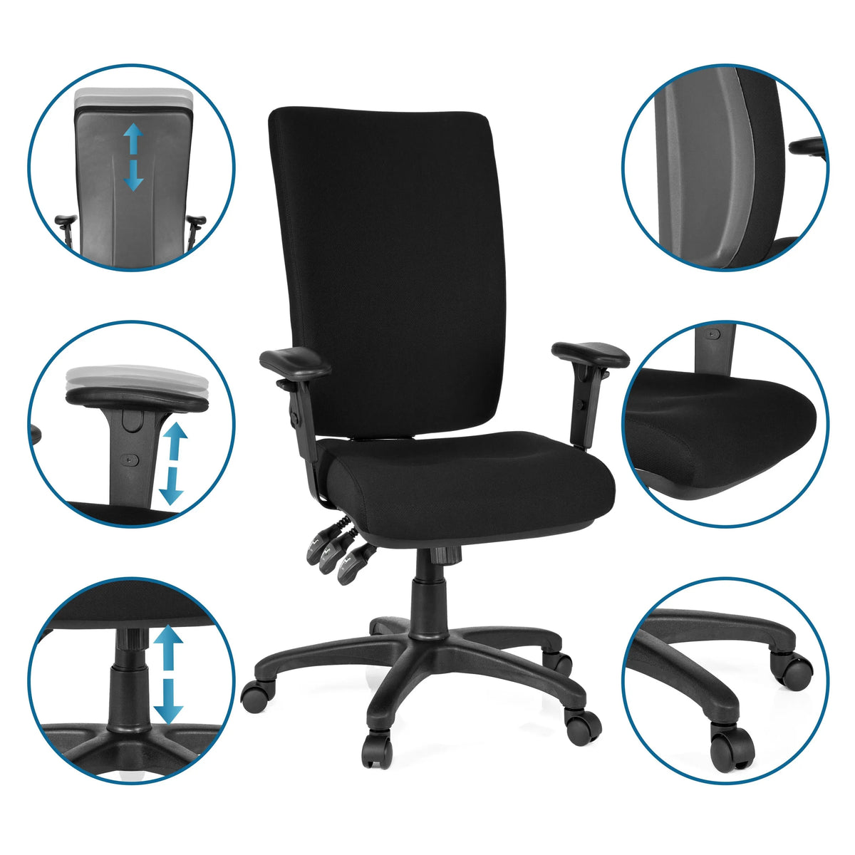 Black Professional Office Chair ZENIT HIGH with detailed views of the adjustment options by hjh OFFICE