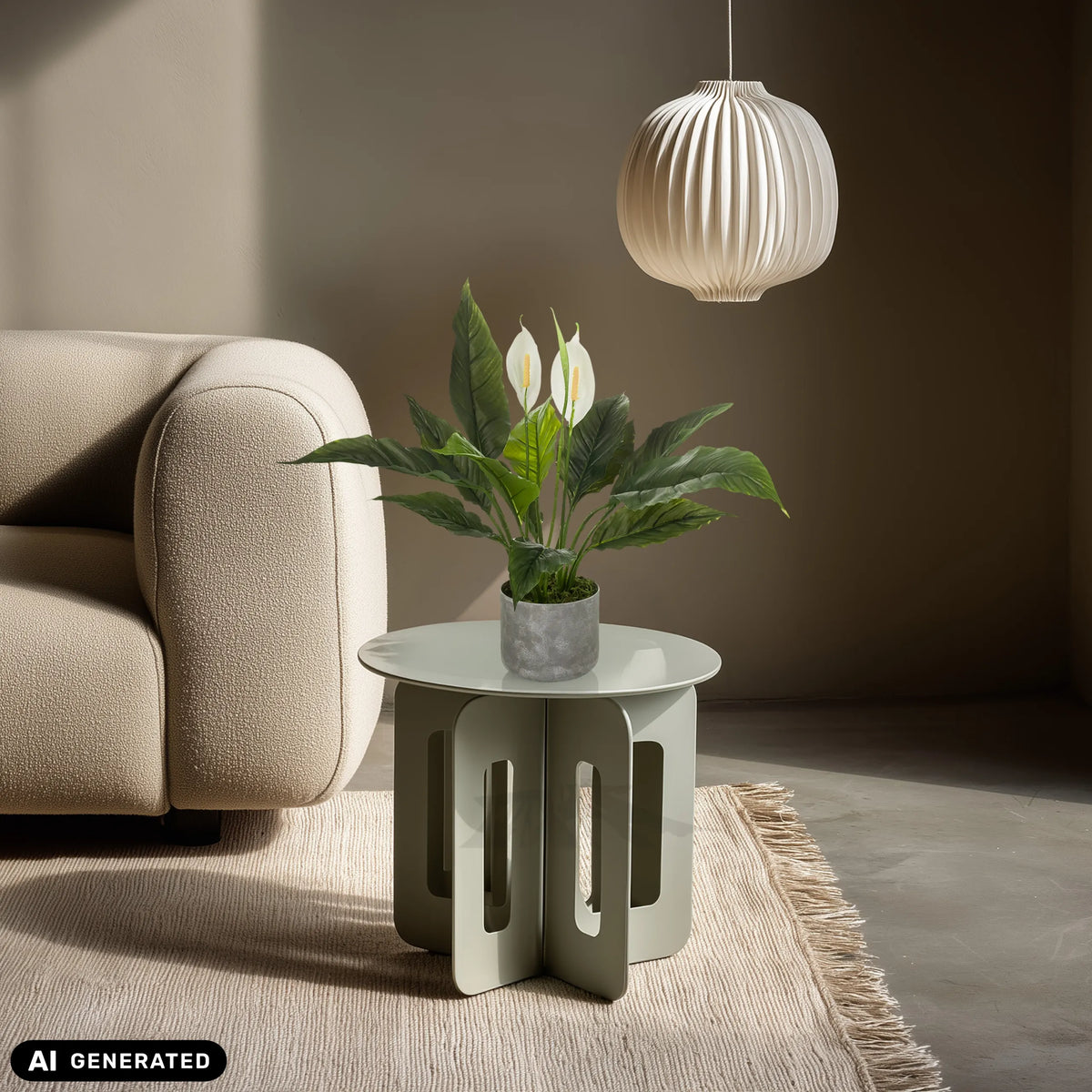 Artificial plant Spathiphyllum 1 in a grey pot on a side table by hjh OFFICE (AI-generated image)