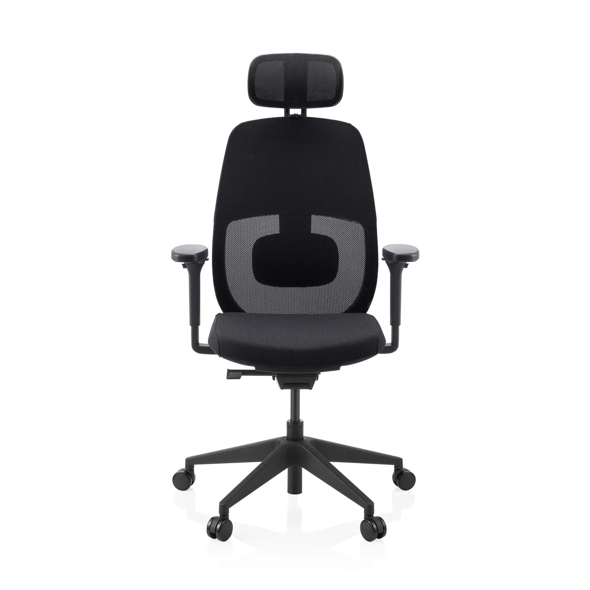 Black Professional Office Chair Skandis Pro with headrest, mesh back and five-caster base by hjh OFFICE – 360-degree view (front view 0°)