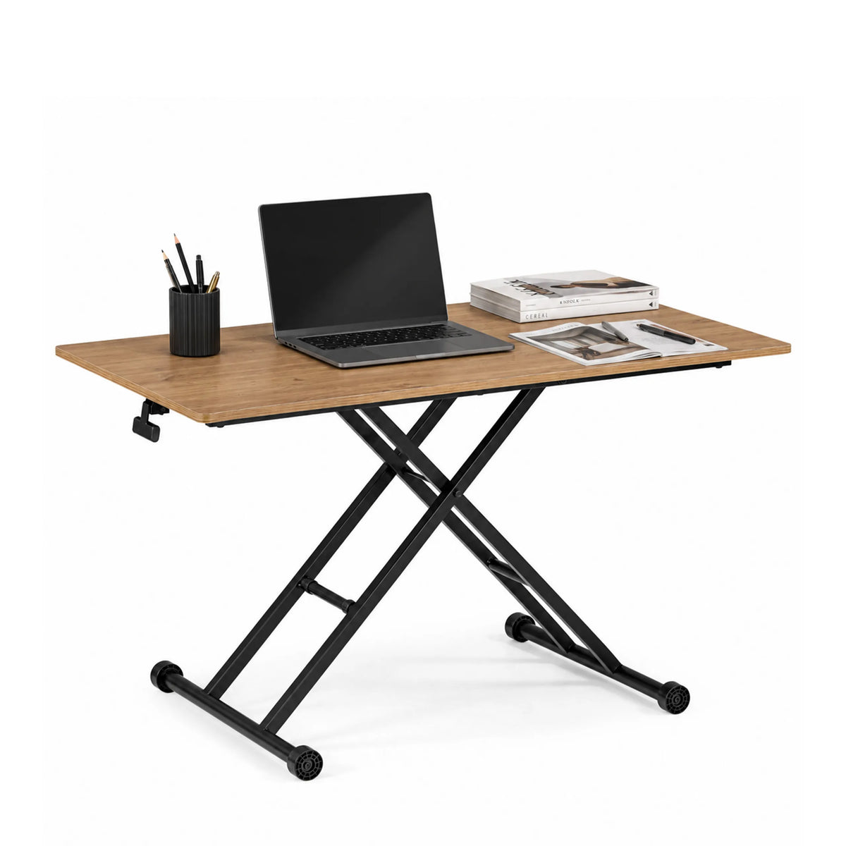 Height-adjustable desk Worktime Lift in oak and black with X-frame and laptop by hjh OFFICE