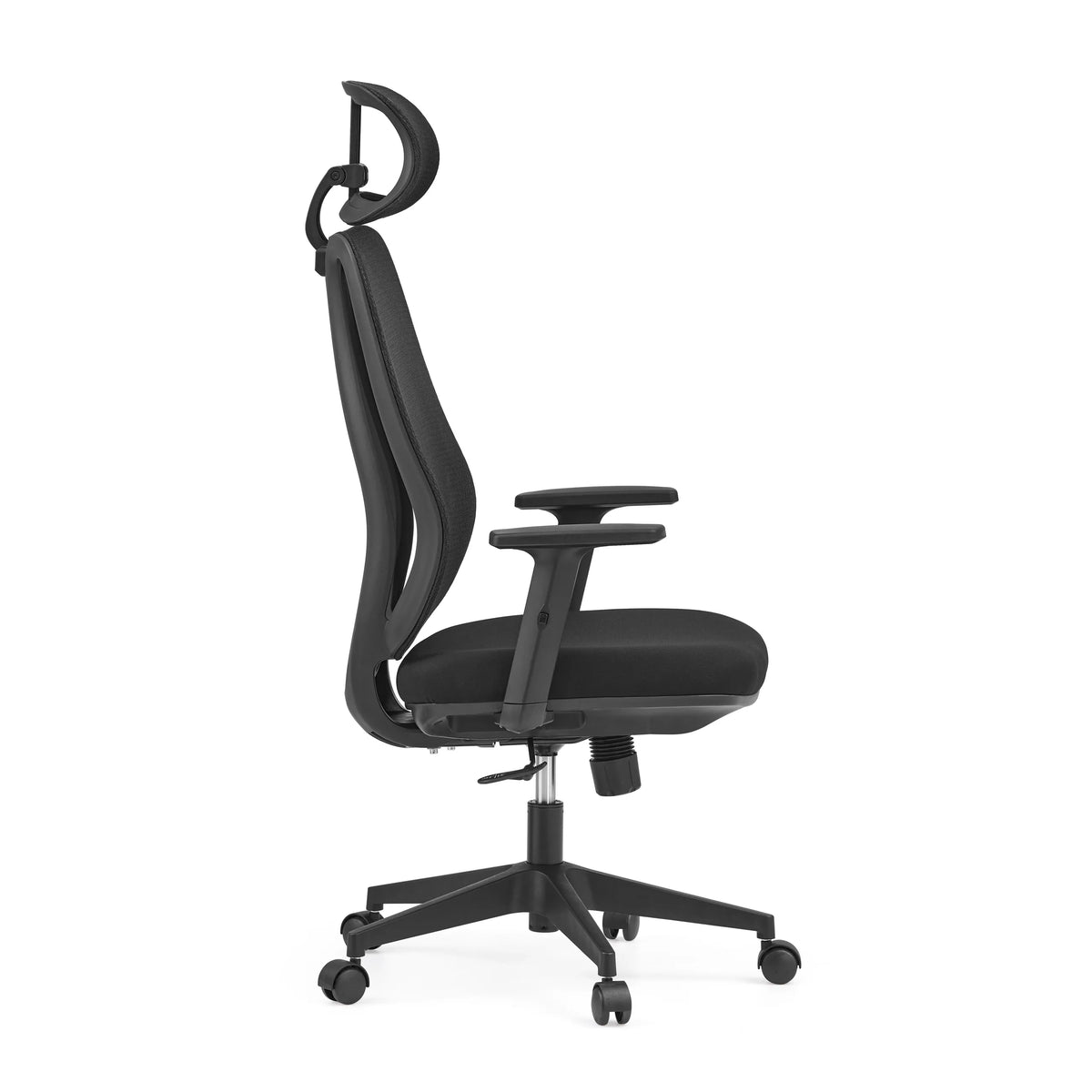 Black Professional Office Chair Filaro with mesh back, headrest and a five-caster base by hjh OFFICE – 360-degree view (side profile 90°)