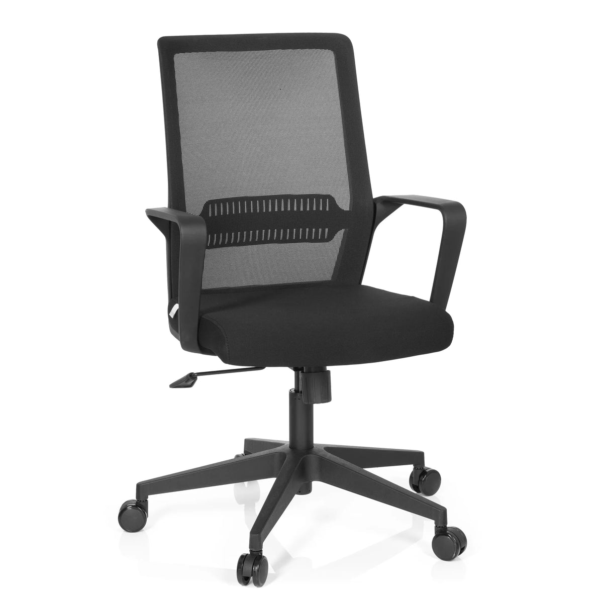Black Home Office Chair PRESTON with mesh back and five-caster base by hjh OFFICE – 360-degree view (front view 20°)