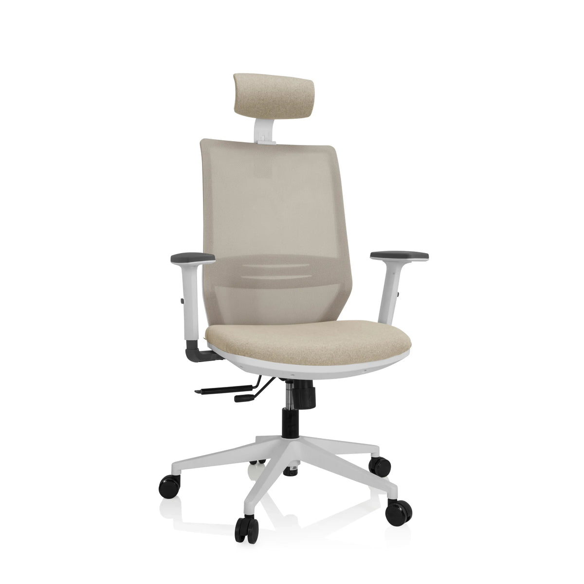 Beige Professional Office Chair PROFONDO PRO W with mesh back, headrest and white five-caster base by hjh OFFICE – 360-degree view (front view 20°)