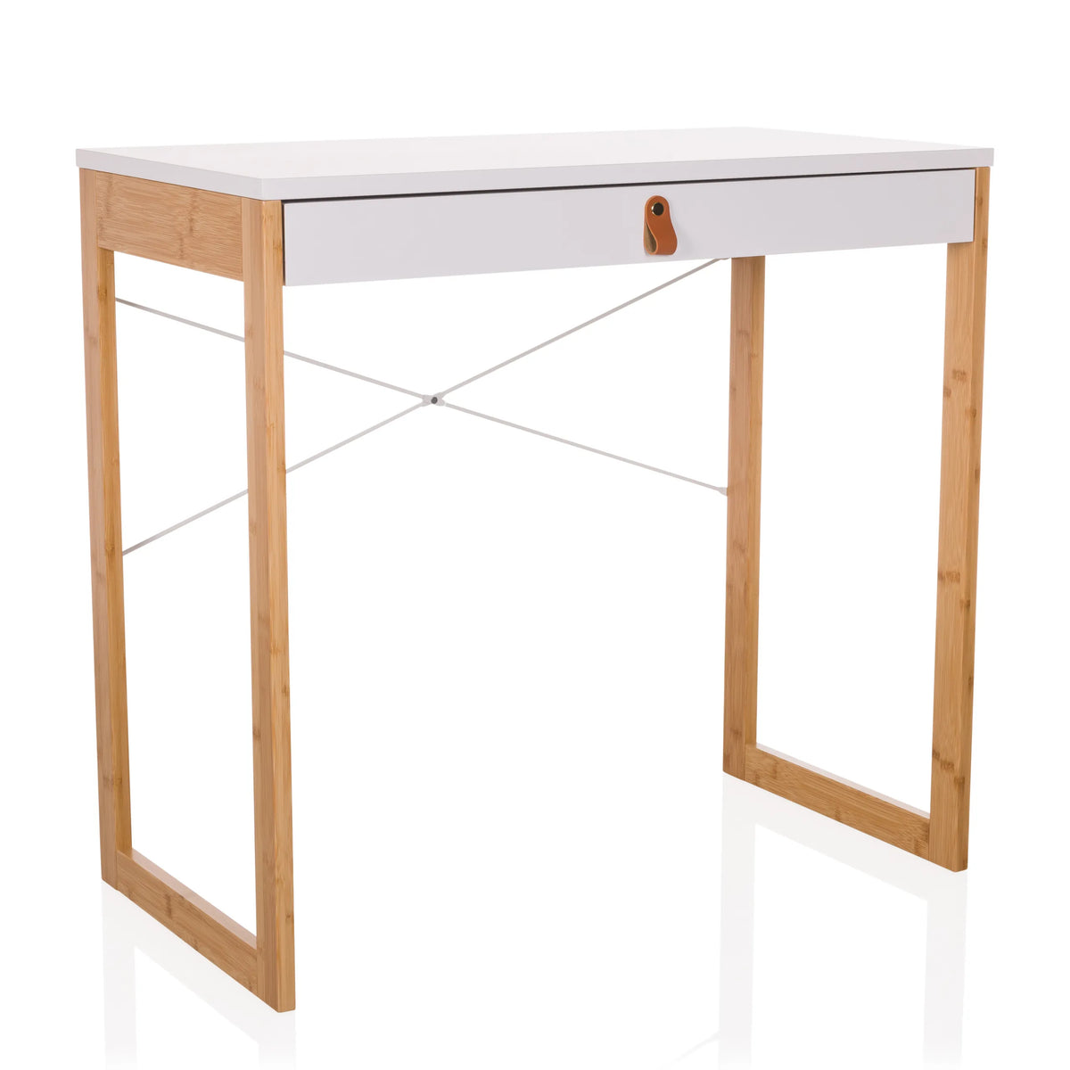 White Office Desk TAROLO II with one drawer, brown leather handle and wooden legs by hjh LIVING – 360-degree view (front three-quarter view 30°)