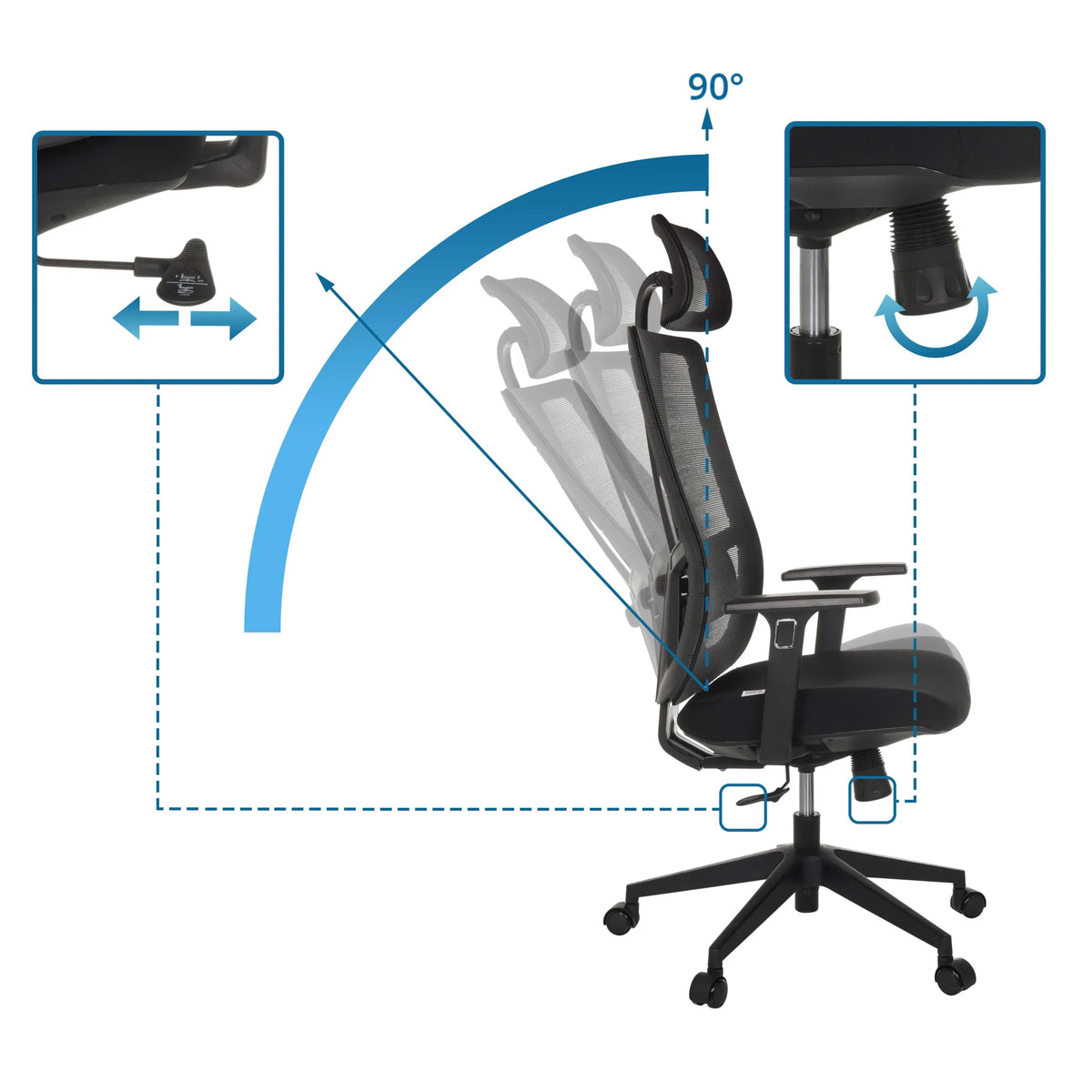 Adjustable backrest with 90 degree tilt and adjustment knob of the Professional Office Chair TRAMORE by hjh OFFICE