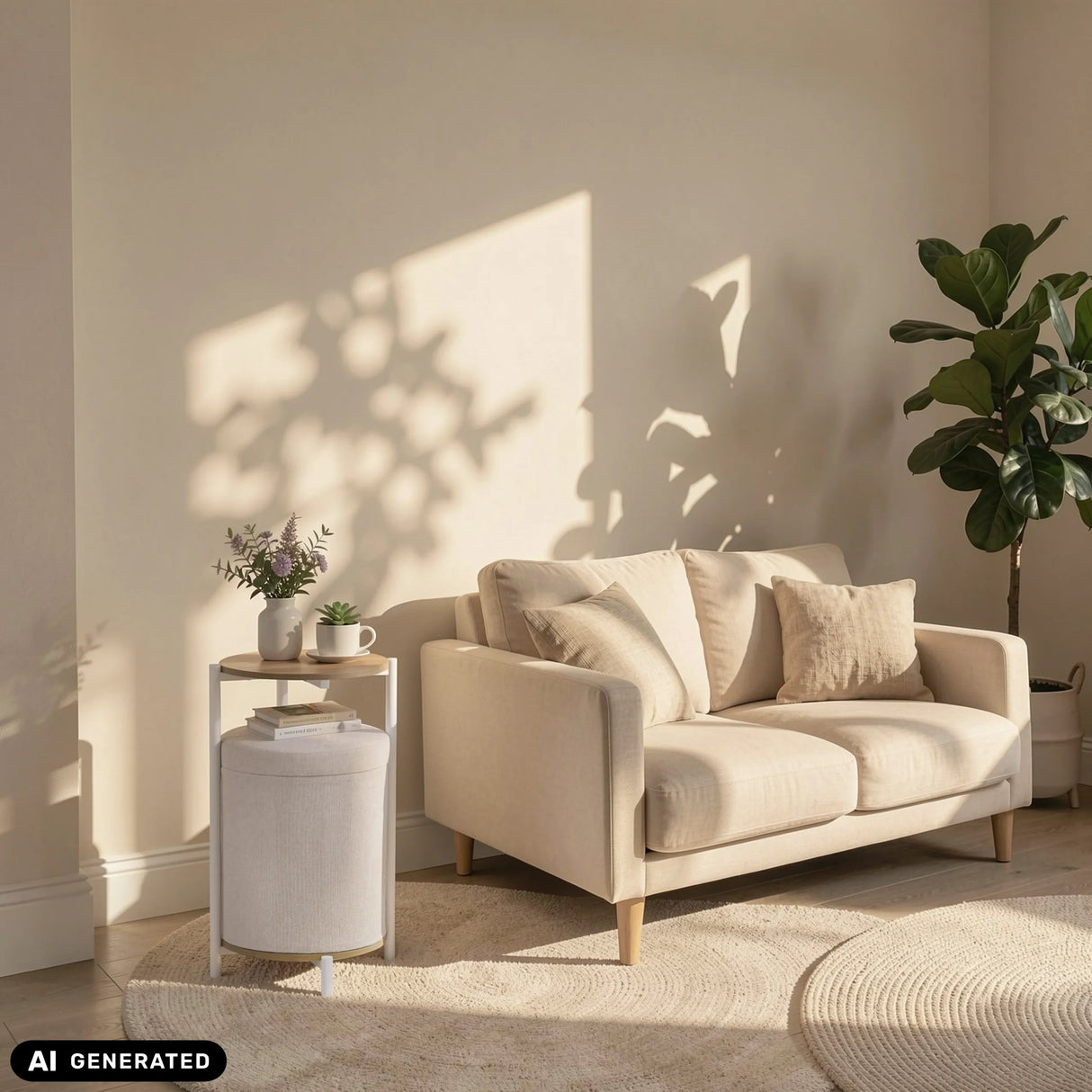 Nestup 1 side table in white and oak with integrated stool by hjh LIVING (AI-generated image)