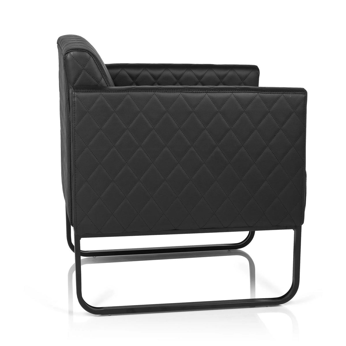 Black upholstered armchair ARUBA BLACK with diamond stitching and sled base by hjh OFFICE – 360-degree view (side profile 100°)
