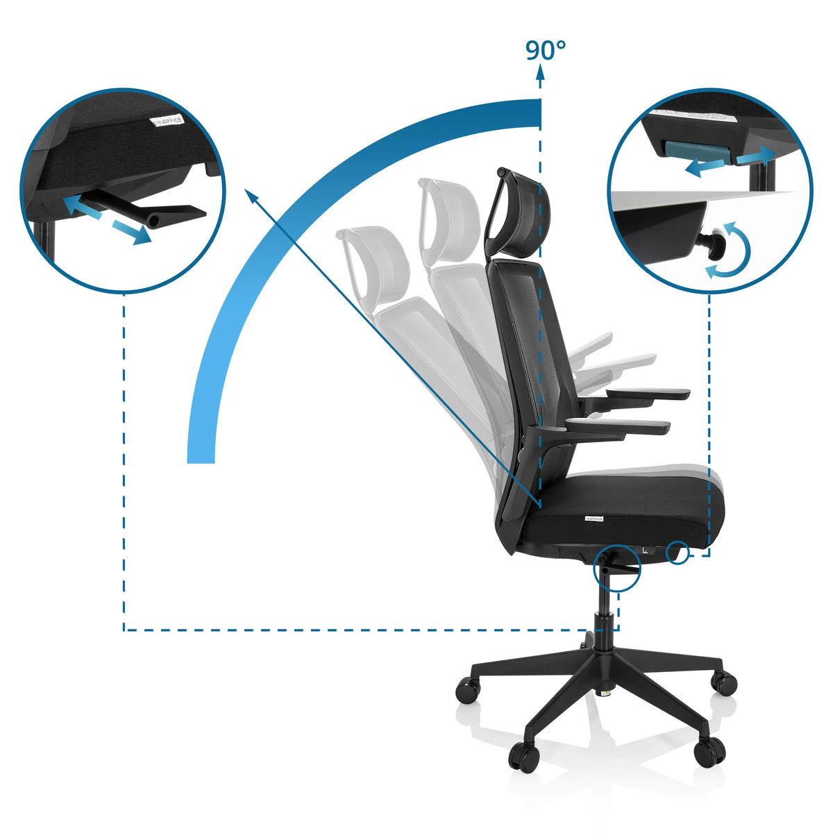 Adjustable backrest of the ARCEO B Professional Office Chair with a tilt angle of up to 90° by hjh OFFICE