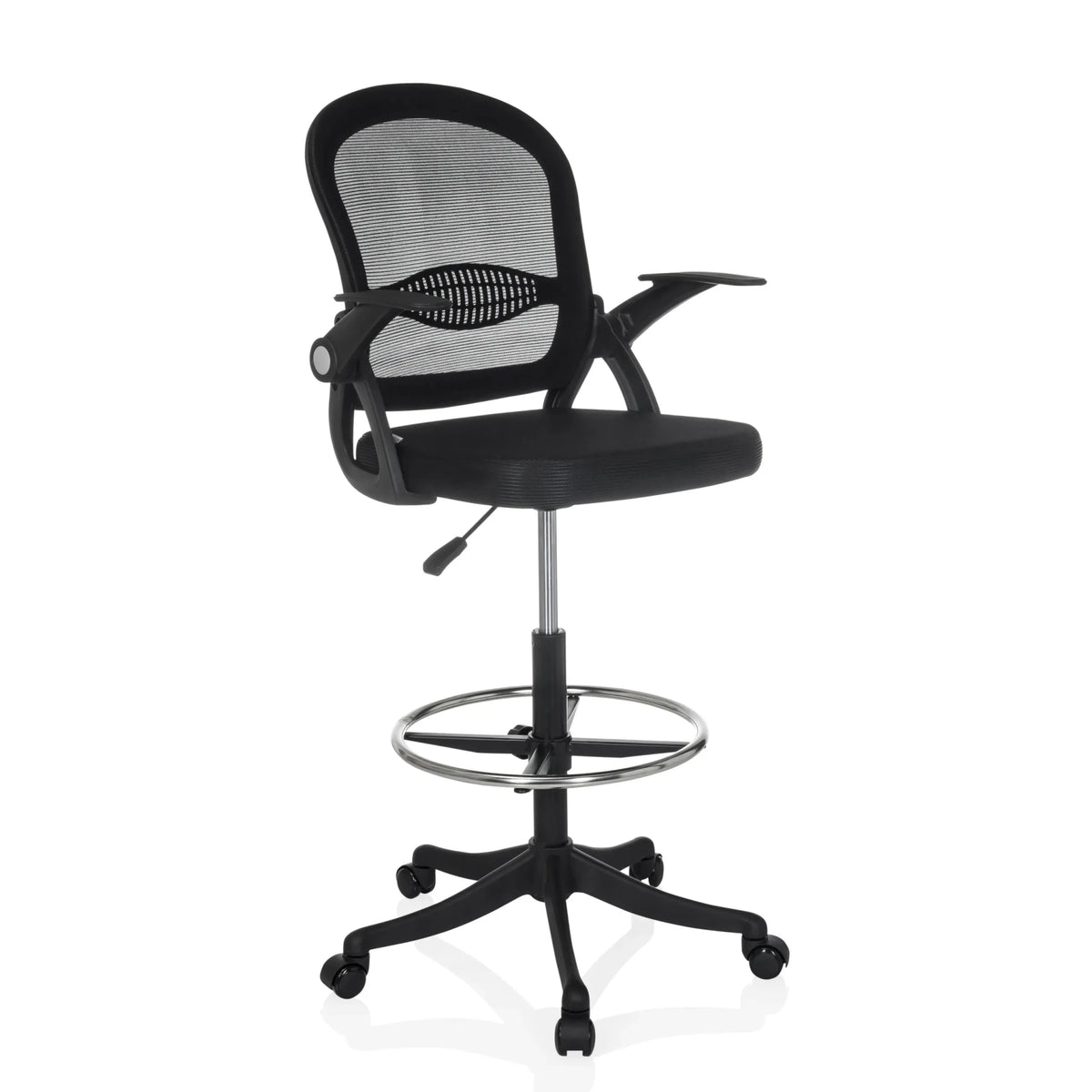 Black Counter chair Naluro Work with mesh backrest, foot ring and castors by hjh OFFICE