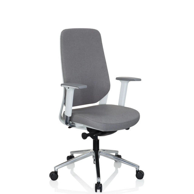 Profi-Bürostuhl CHIARO T4 WHITE mit grauem Stoffbezug, weißen Armlehnen und silbernem Fußkreuz von hjh OFFICE