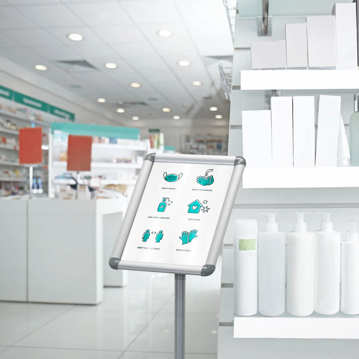 Silver Poster stand AGENDA I with infographic on hygiene measures by hjh OFFICE