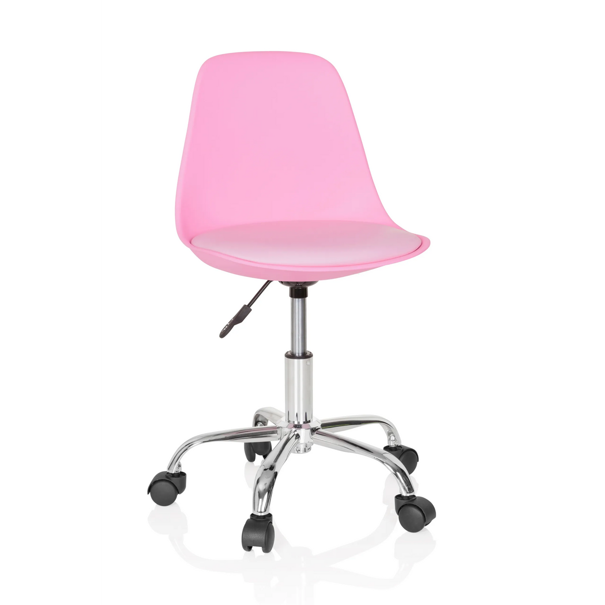 Pink Swivel Chair – Children FANCY II with curved shell and five-caster base by hjh OFFICE – 360-degree view (front view 20°)