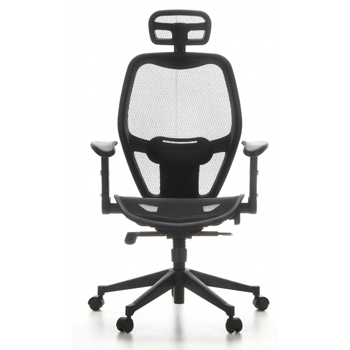 Black Professional Office ChAIR-PORT with mesh back, headrest and five-caster base by hjh OFFICE – 360-degree view (front view 0°)