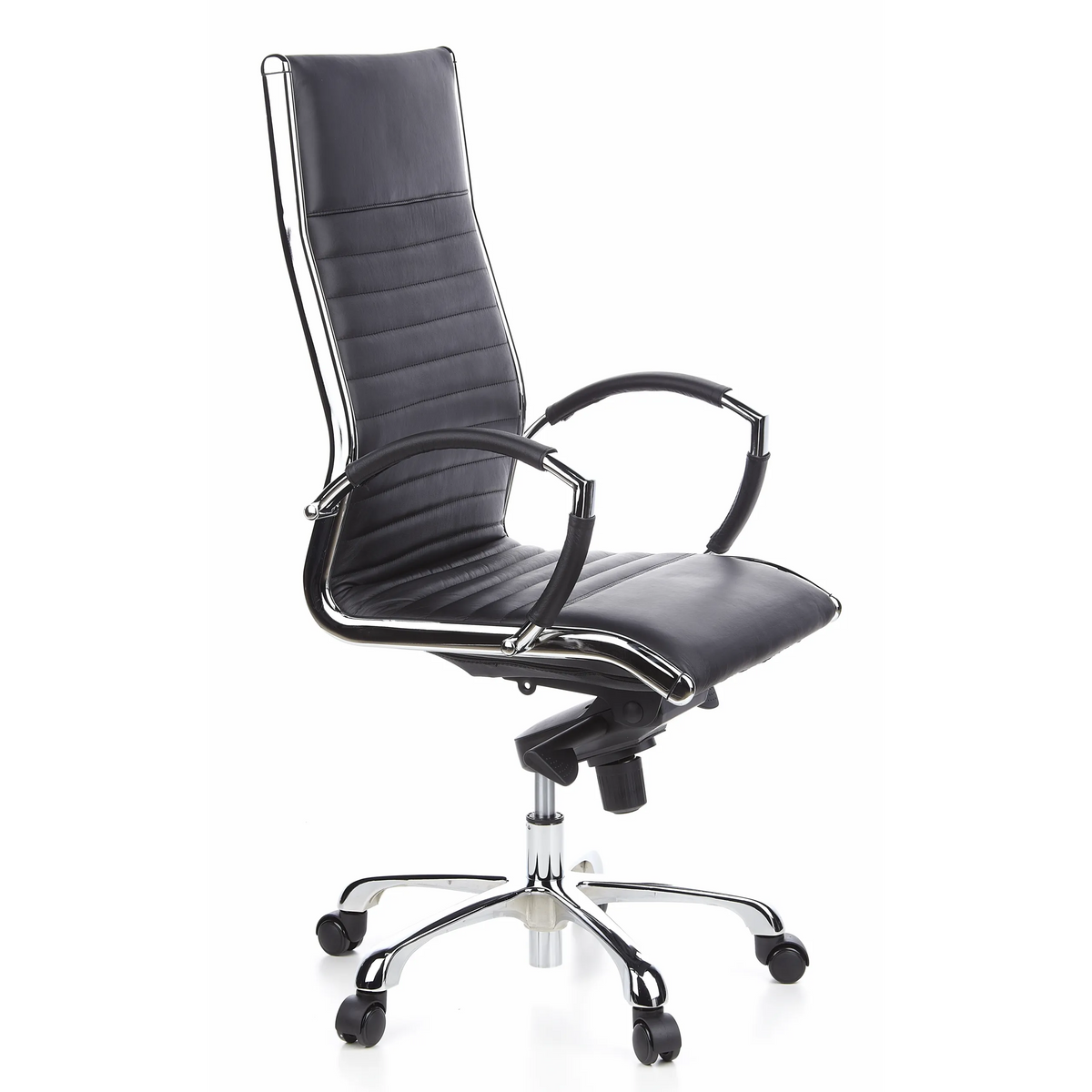 Black Professional Executive Chair PARMA 20 with quilted leather upholstery and five-caster base by hjh OFFICE – 360-degree view (front three-quarter view 60°)