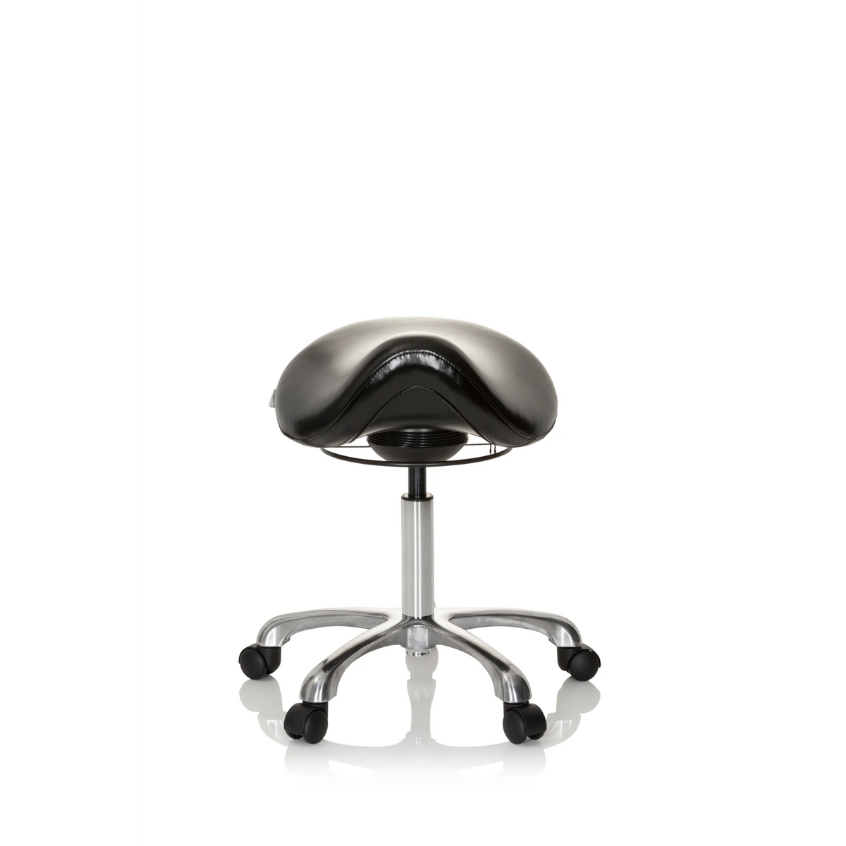 Black Saddle stool ORTHO SIT with foot cross and five castors by hjh OFFICE – 360-degree view (front view 0°)