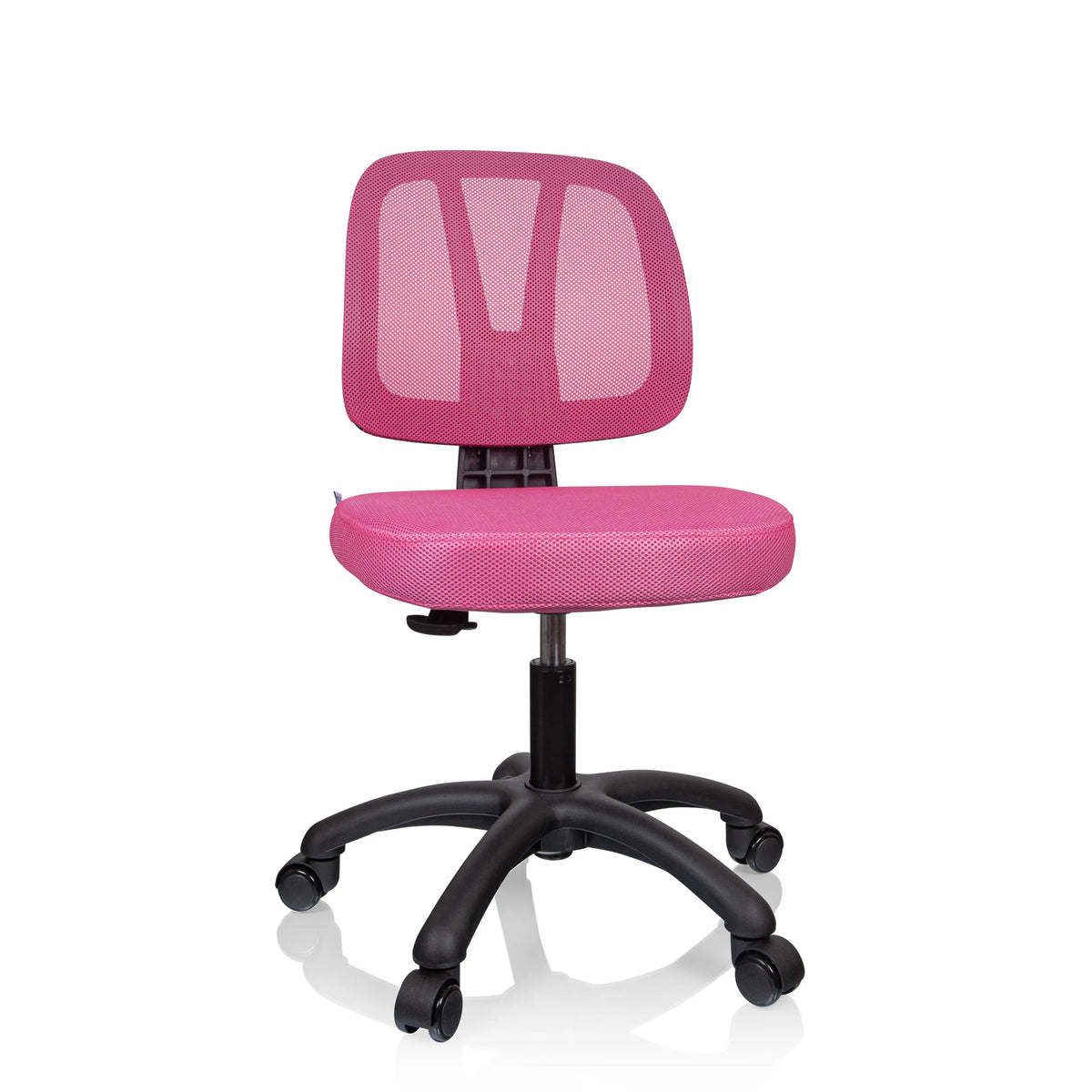 Pink Swivel Chair – Children KID YU 200 with mesh back and black five-caster base by hjh OFFICE – 360-degree view (front view 15°)