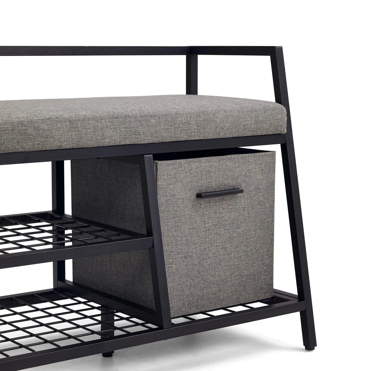 Grey storage basket and grid shelves of the Estha Loft shoe cabinet with a black metal frame by hjh LIVING