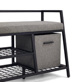 Grey storage basket and grid shelves of the Estha Loft shoe cabinet with a black metal frame by hjh LIVING