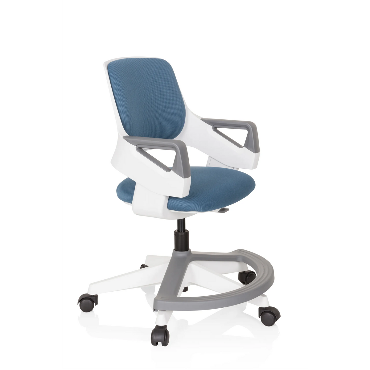 Blue-grey Swivel Chair – Children KID FLEX with armrests and five-caster base by hjh OFFICE – 360-degree view (front three-quarter view 60°)
