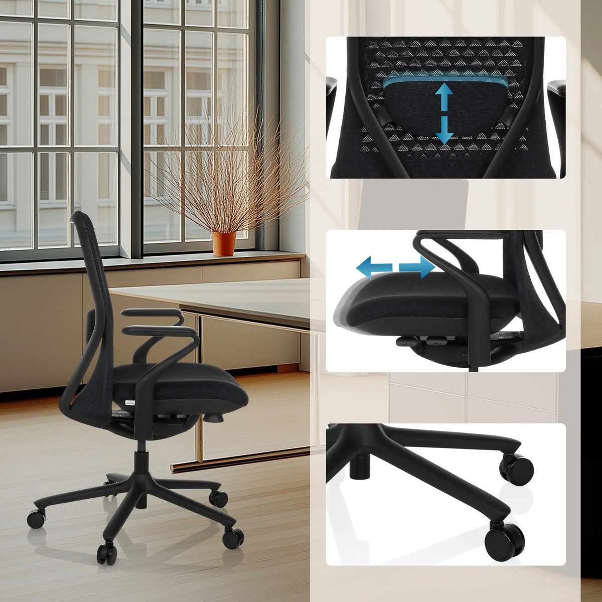 Height-adjustable headrest, seat depth adjustment and castors of the high end office chair VERVIO in black by hjh OFFICE