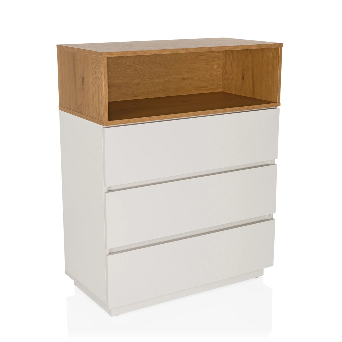 White chest of drawers MELMO K with three drawers and an open storage compartment in oak look by hjh LIVING – 360-degree view (front three-quarter view 30°)