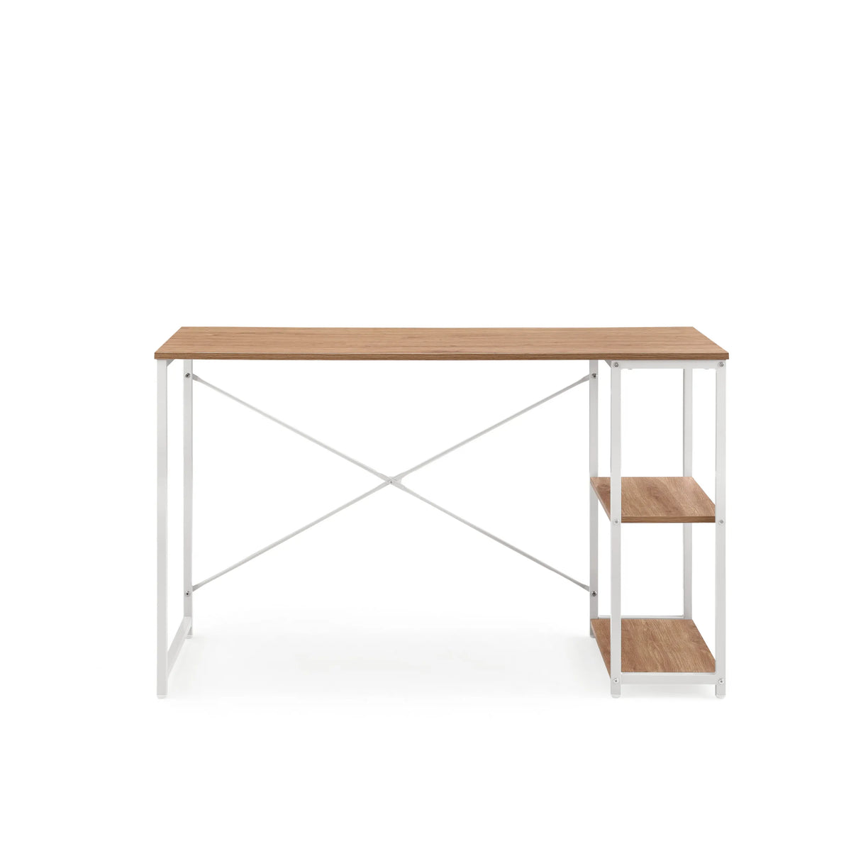 Office Desk Easy Up2 in white and oak with integrated shelf and X-brace by hjh LIVING – 360-degree view (front view 0°)