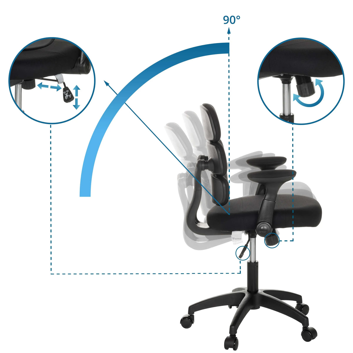 Adjustable backrest with 90-degree angle and height adjustment of the Swivel Chair – Children KID ERGOLINO B by hjh OFFICE