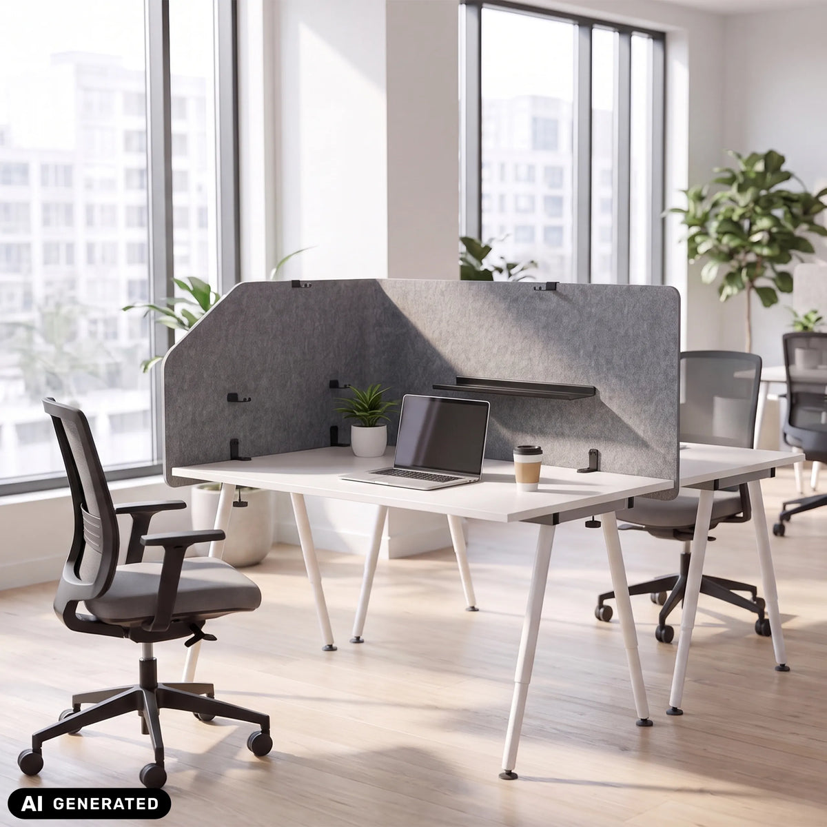 Grey table partition FLEXMIUT T TOP, 160 cm long, on a white desk by hjh OFFICE (AI-generated image)