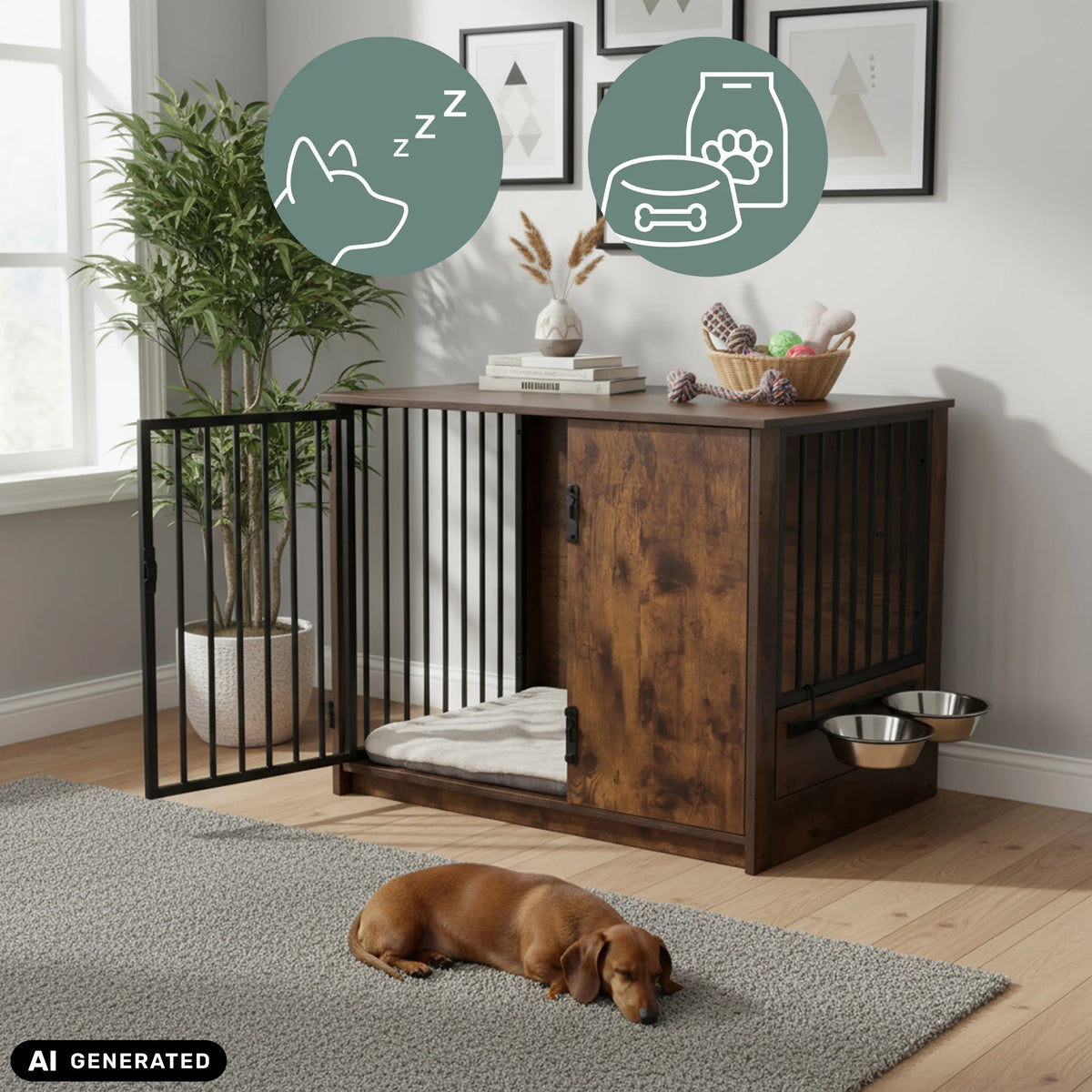 Brown PAWHOME S dog crate with integrated bowls and mesh door by hjh LIVING (AI-generated image)