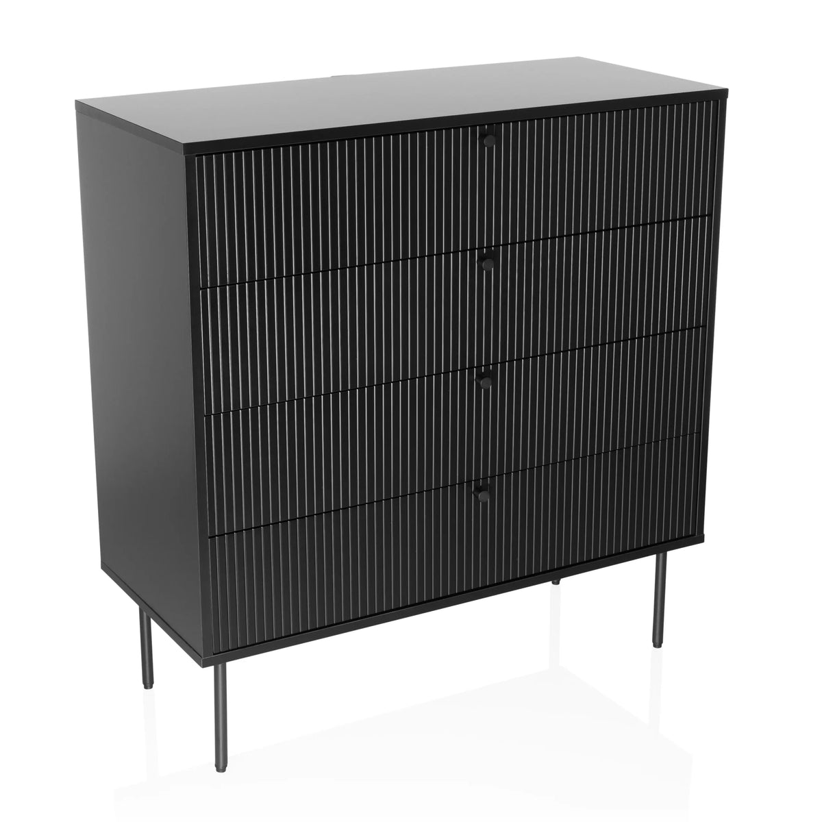 Black Chest of drawers KARBY K with four ribbed drawers and slim legs by hjh LIVING – 360-degree view (front three-quarter view 30°)