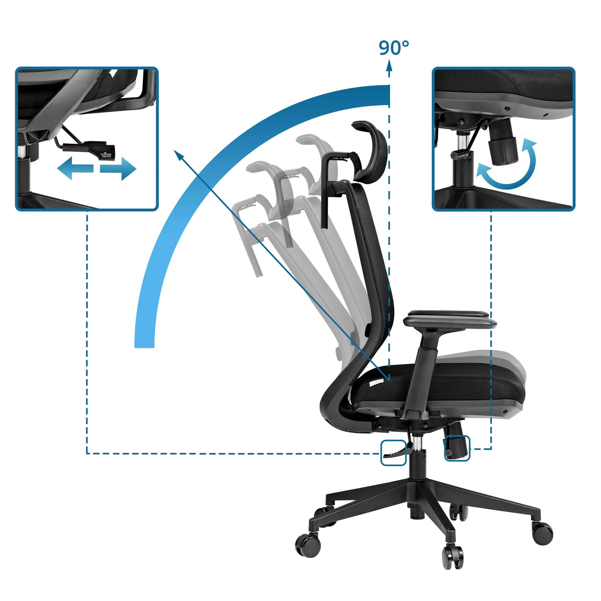 Adjustable backrest with 90 degree tilt of the Profondo F Professional Office Chair in black by hjh OFFICE
