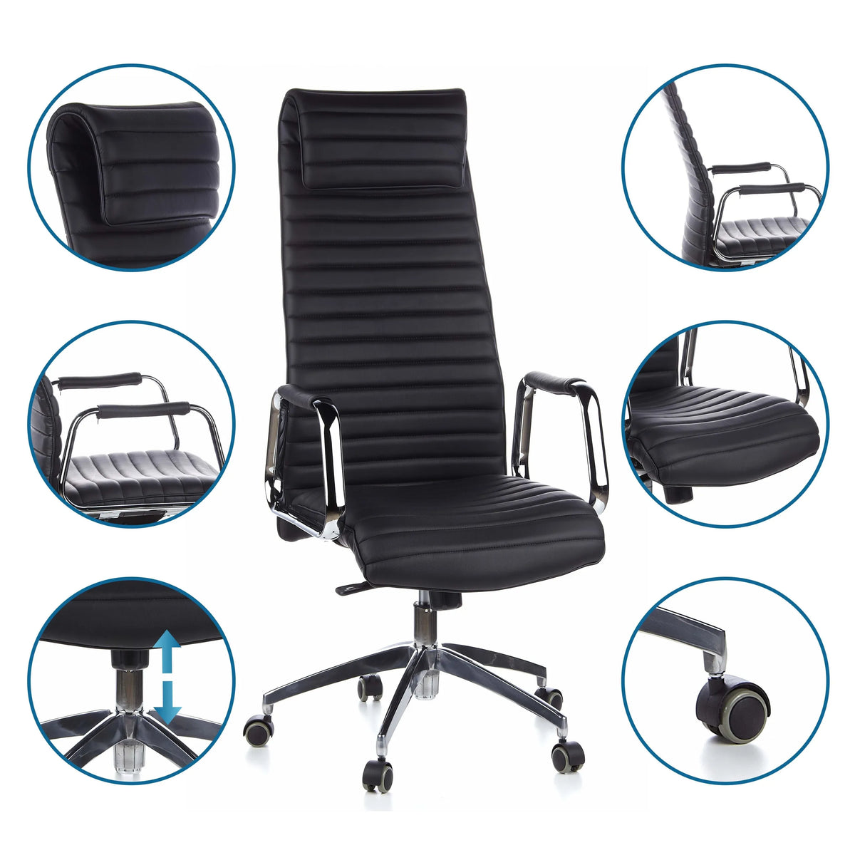 Luxury Executive Chair ASPERA 20 in black with detailed views of the upholstery and castors by hjh OFFICE