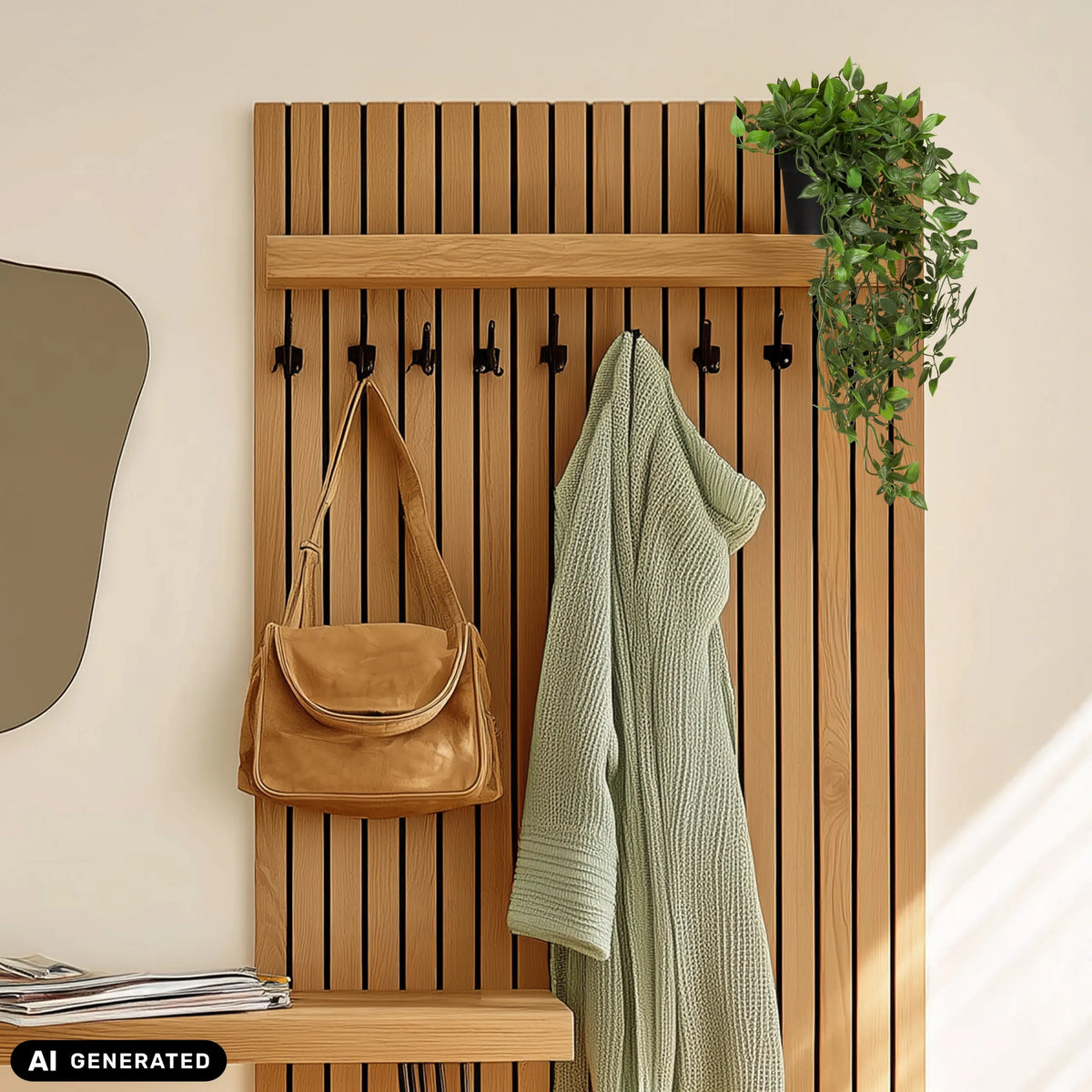Grüne Kunstpflanze Epipremnum Climb in einem Topf auf einer Holzleiste von hjh OFFICE (KI-generiertes Bild)