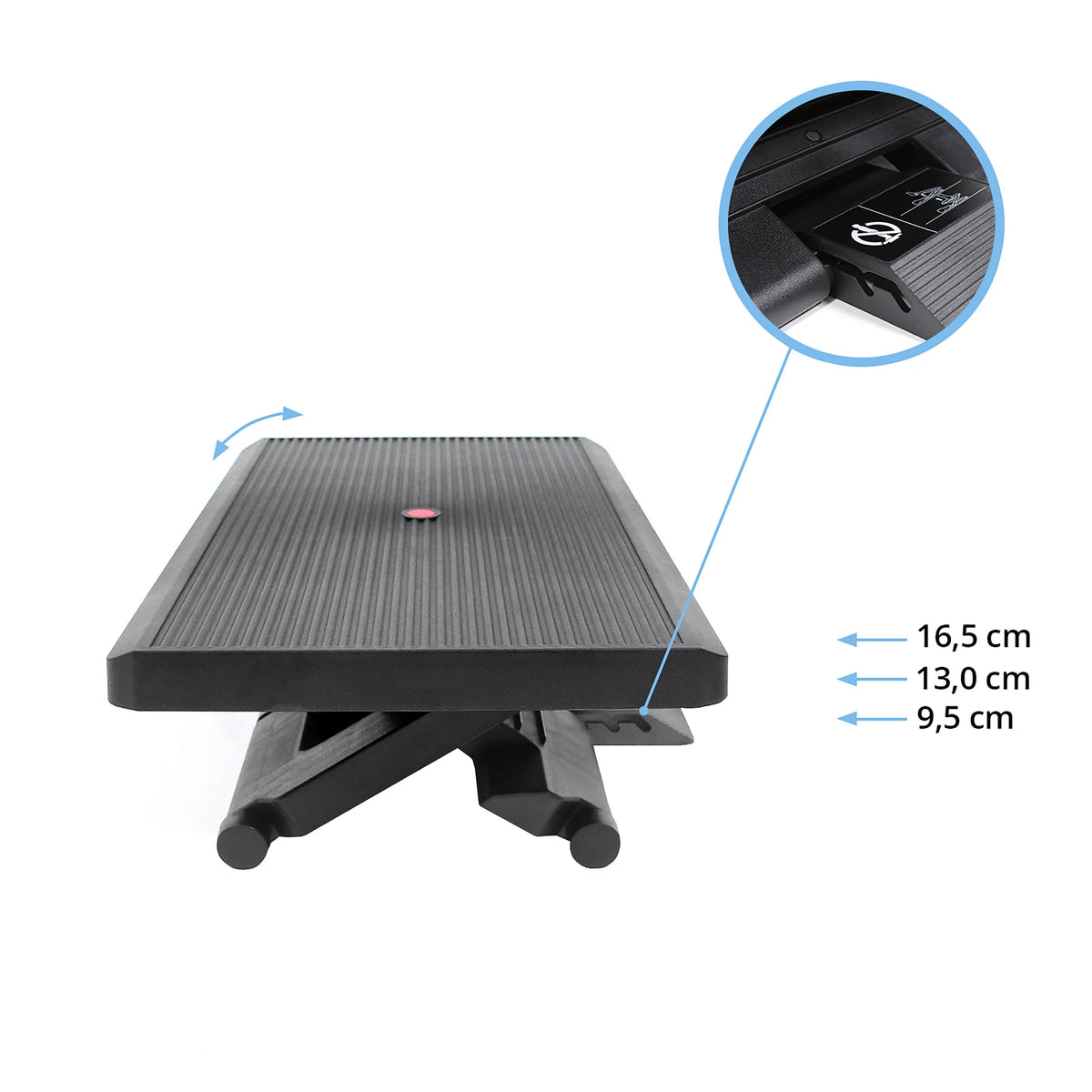 Height-adjustable Footrest PIEDINO STRIPE PRO in black with measurements of 9.5 cm, 13.0 cm and 16.5 cm by hjh OFFICE