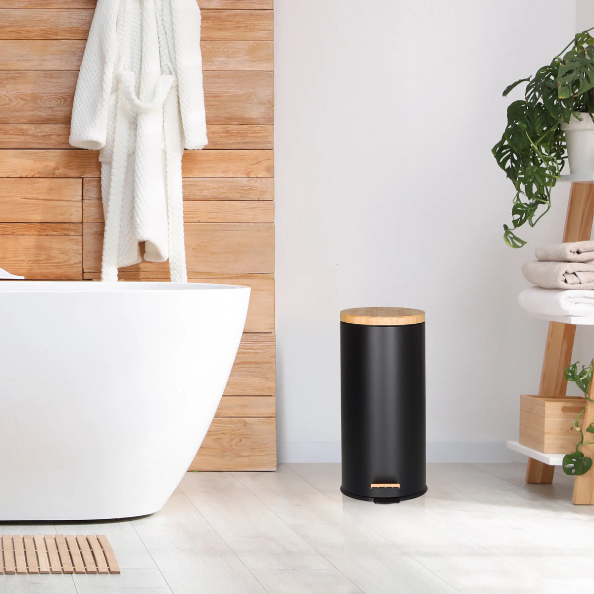 Matte black wastepaper bin CLEAN BAMBOO with wooden lid and foot pedal by hjh OFFICE