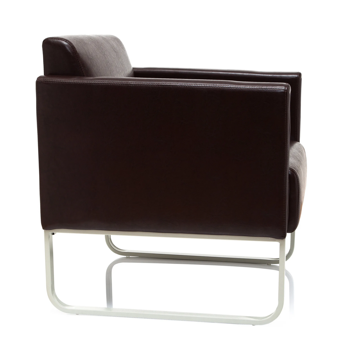 Brown upholstered armchair ARUBA with white metal frame by hjh OFFICE – 360-degree view (side profile 80°)