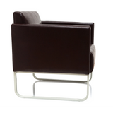 Brown upholstered armchair ARUBA with white metal frame by hjh OFFICE – 360-degree view (side profile 80°)