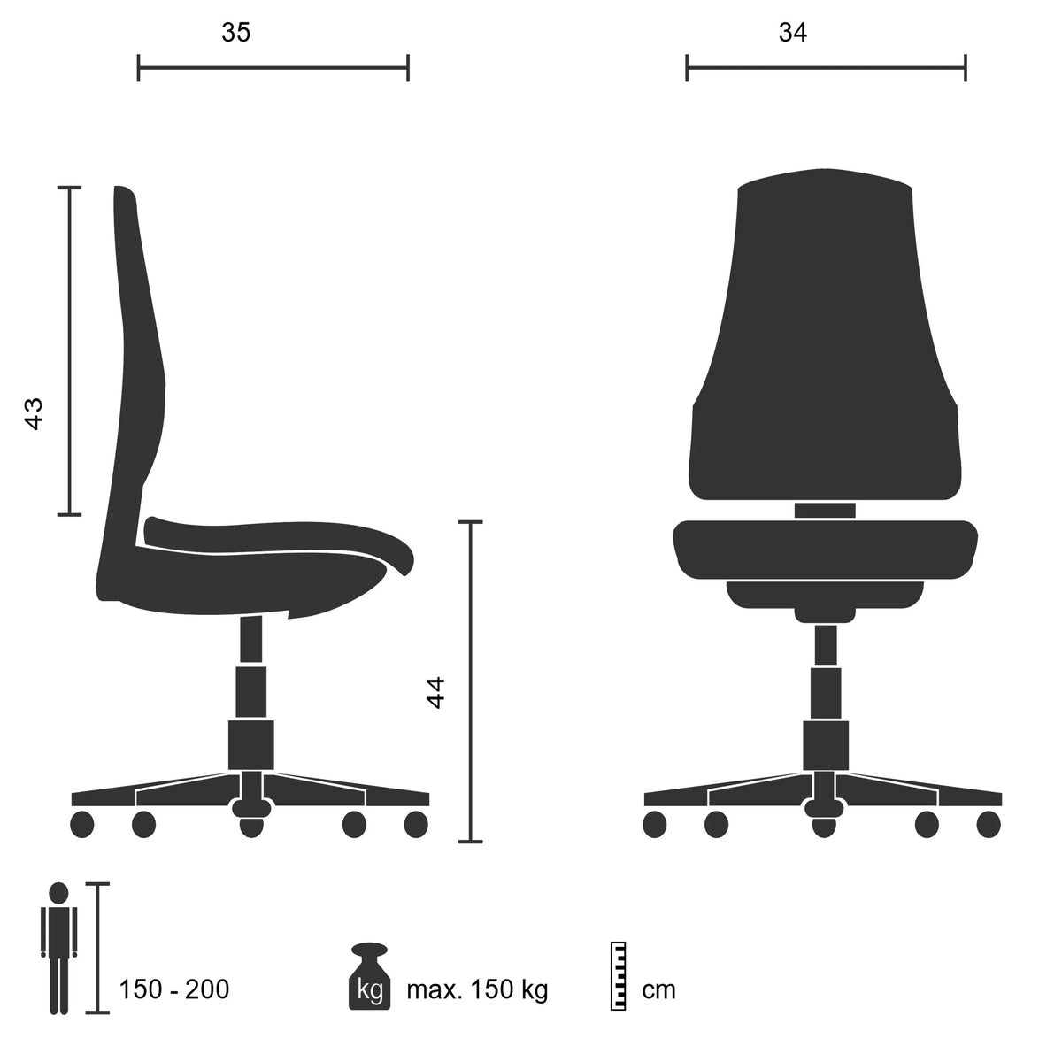 Technische Zeichnung des Bistrostuhls VANTAGGIO BRUSH mit einer maximalen Belastung von 150 kg von hjh OFFICE