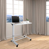 White Standing desk STAND II with castors and laptop on a light wooden floor by hjh OFFICE